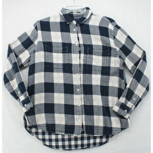 Madewell Women M Flannel Shirt Plaid Buffalo Check Blue Cream Cozy